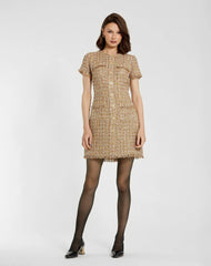 Beige Boucle Short Sleeve Mini Dress With Pockets
