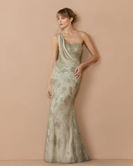 Sage Beaded One Shoulder Draped Mermaid Gown