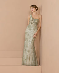 Sage Beaded One Shoulder Draped Mermaid Gown