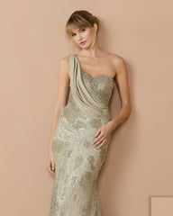Sage Beaded One Shoulder Draped Mermaid Gown