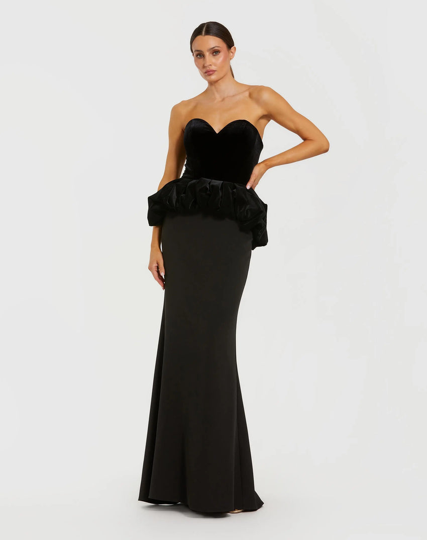 Black Strapless Velvet Peplum Gown