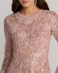 Pink Embellished Long Sleeve Evening Gown