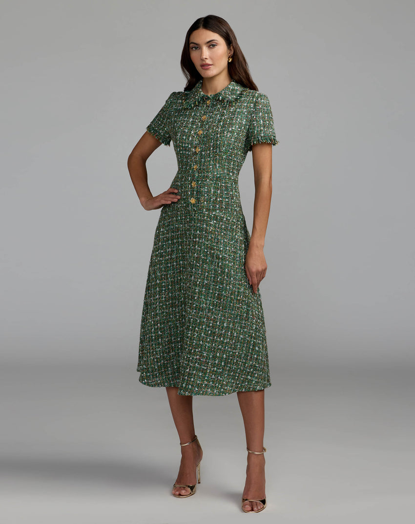 Emerald Multi Boucle Short Sleeve Button Up Midi Dress
