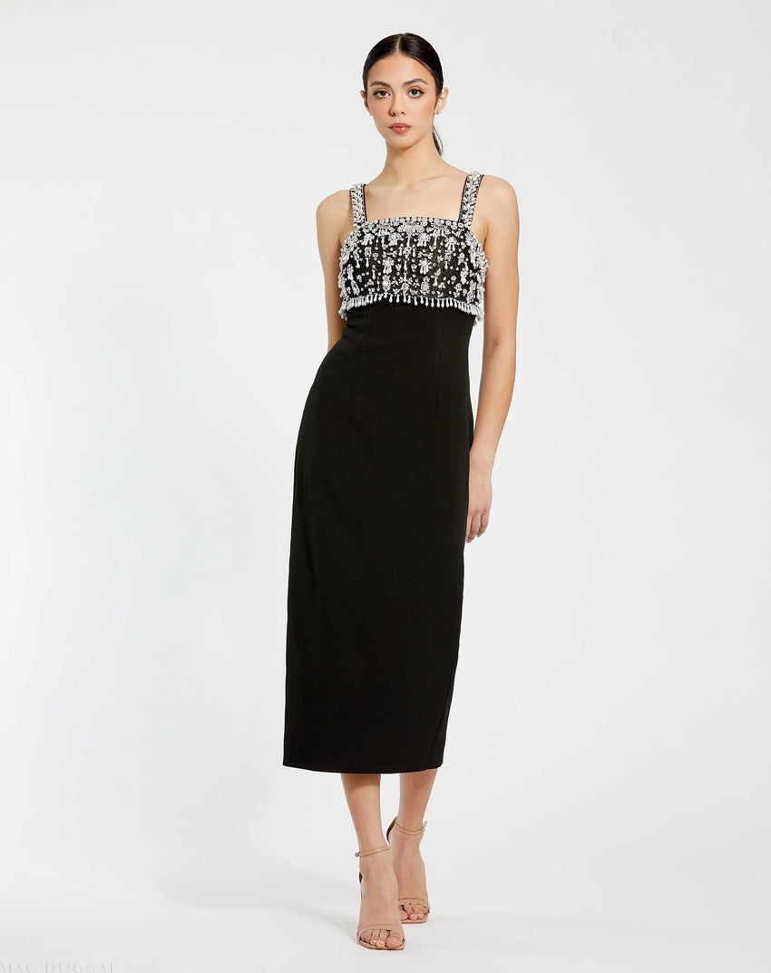 Black Wide Strap Embellished Top Midi Dress