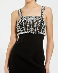 Black Wide Strap Embellished Top Midi Dress