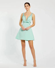 Green Hand Beaded Detail A-Line Mini Dress
