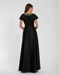 Black Satin Flutter Sleeve Gown With Neckline Beading