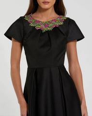Black Satin Flutter Sleeve Gown With Neckline Beading