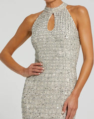 Silver Embellished Halter Neck Keyhole Gown