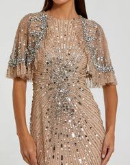 Beige Embellished Mesh Fitted Gown With Capelet