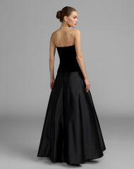 Black Gold Strapless Velvet Gown With Bow Detail