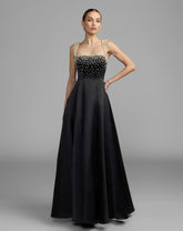 Black A-Line Pearl Embellished Satin Gown