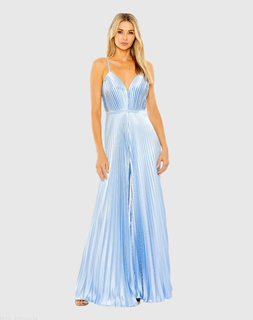 Light Blue Pleated Plunge Neck Wide Leg Jumpsuit