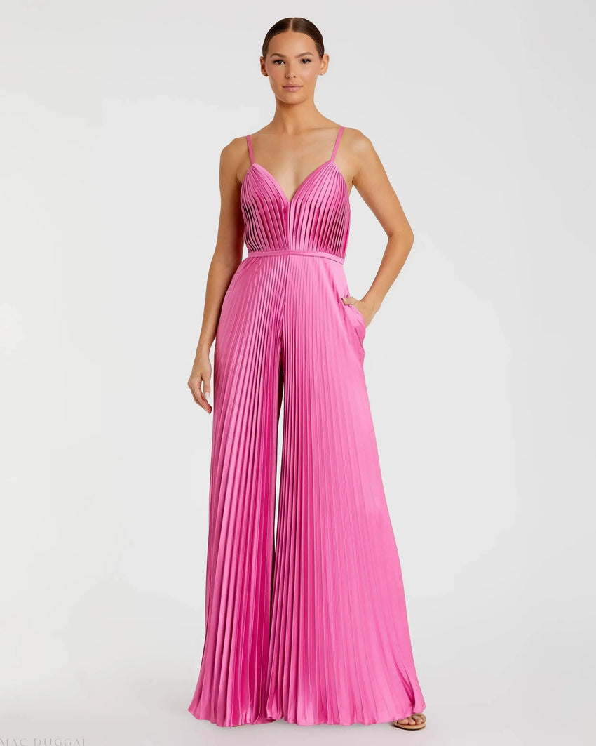 Pleated Plunge Neck Wide Leg Jumpsuit