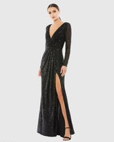 Black Sequined Long Sleeve Gown