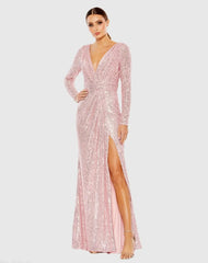 Pink Sequined Long Sleeve Gown