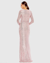 Pink Sequined Long Sleeve Gown