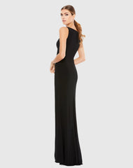 Black Faux Wrap Sleeveless V Neck Gown