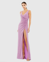 Faux Wrap Sleeveless V Neck Gown