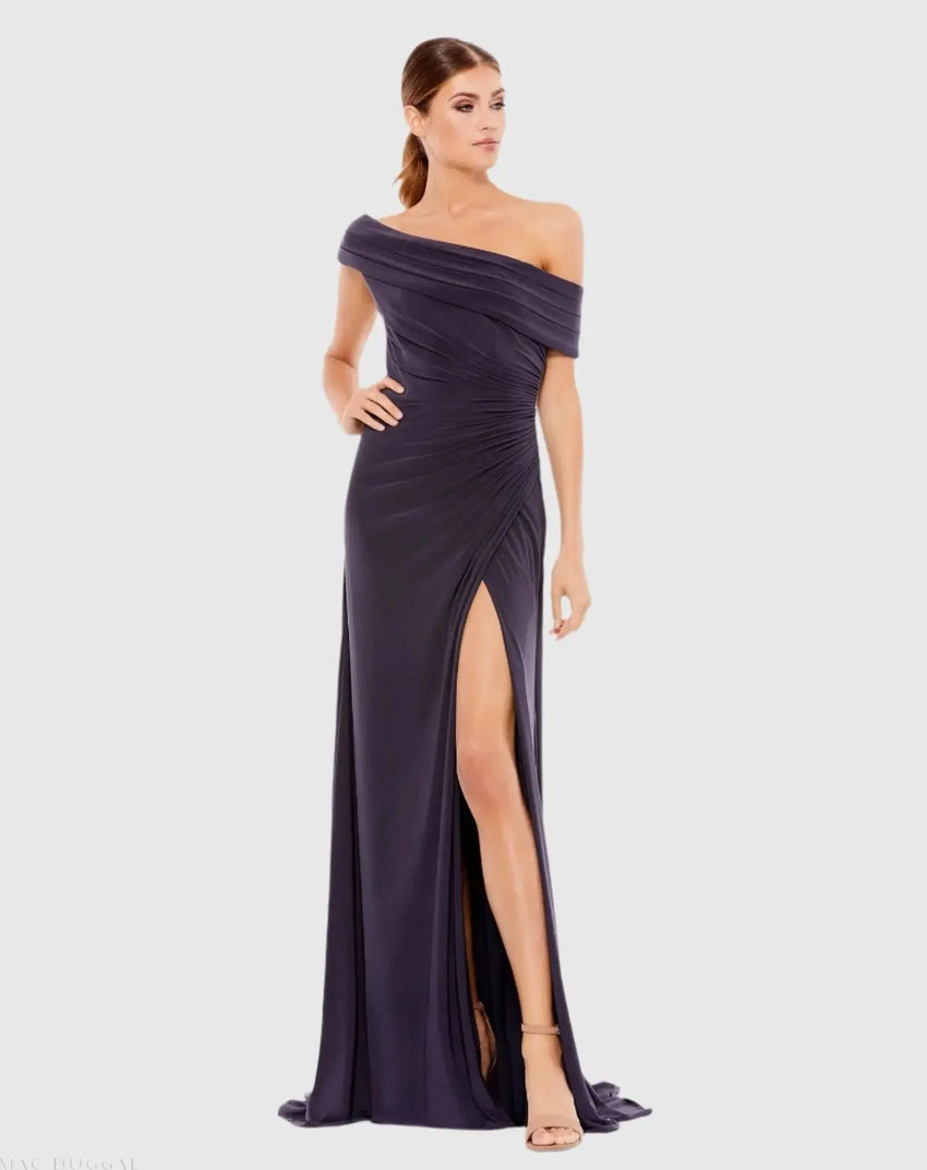 Purple Foldover Off-the-Shoulder Slit Gown