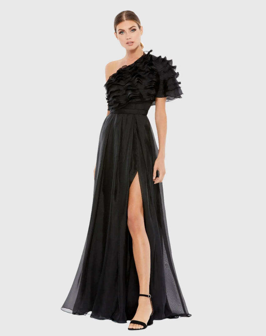 Black Ruffle Layered One Shoulder Gown