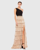 Black and Gold One Shoulder Tiered Ruffle A-Line Gown