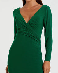 Green Long Sleeve Ruched Jersey V-Neck Gown