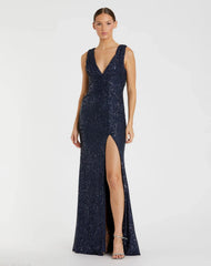 Navy V-Neck Sequin Wrap Waist Gown