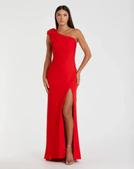 Red Crepe One Shoulder Bow Gown