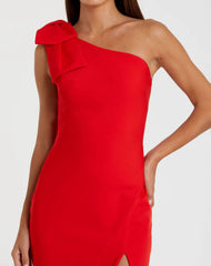 Red Crepe One Shoulder Bow Gown