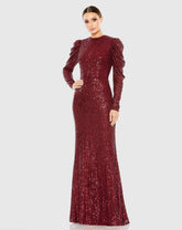 Red Sequined High Neck Puff Long Sleeve Column Gown