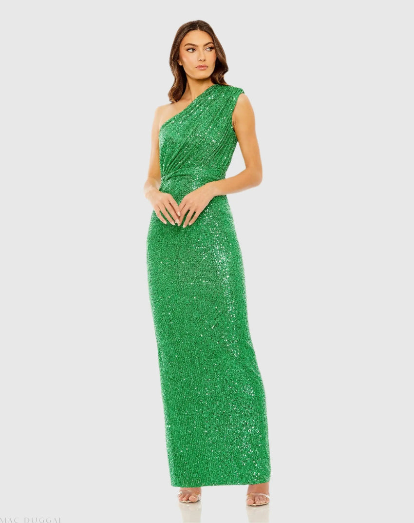 Green Sequined Ruched One Shoulder Gown