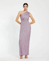 Purple Sequined Ruched One Shoulder Gown