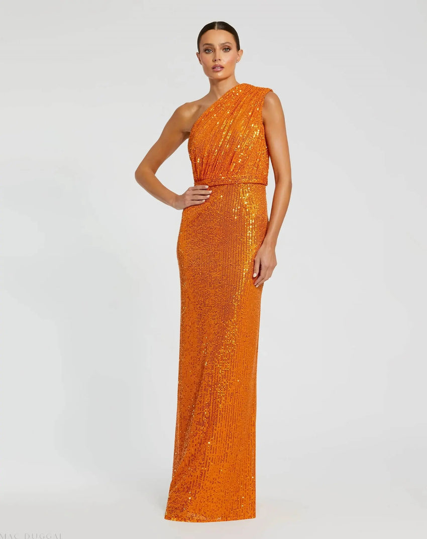 Orange Sequined Ruched One Shoulder Gown