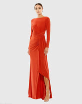 Orange Ruched Long Sleeve Boat Neck Gown