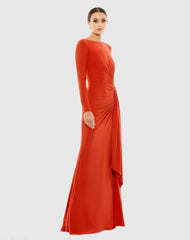 Orange Ruched Long Sleeve Boat Neck Gown