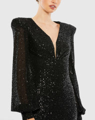 Black Sequined Plunge Neck Structured Bishop Sleeve Gown