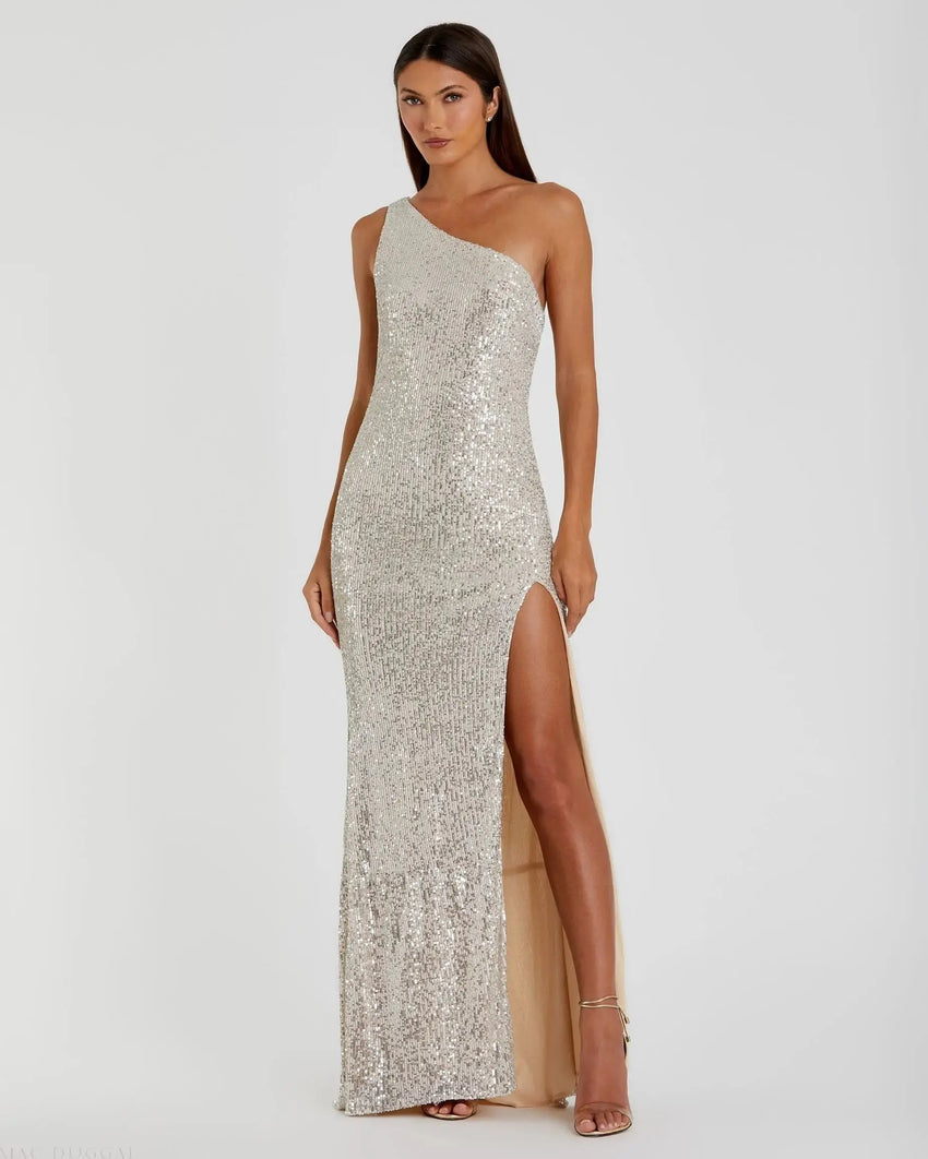 Silver Sequined One Shoulder Draped Back Gown