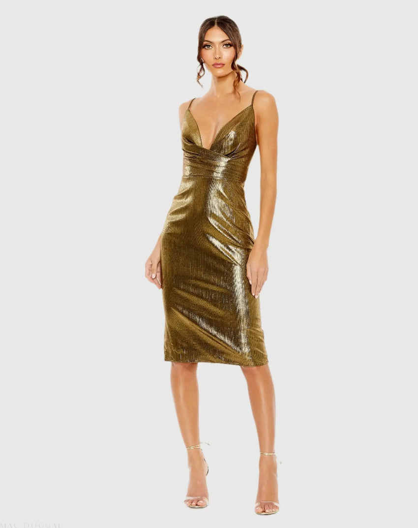 Gold Metallic V Neck Midi Dress