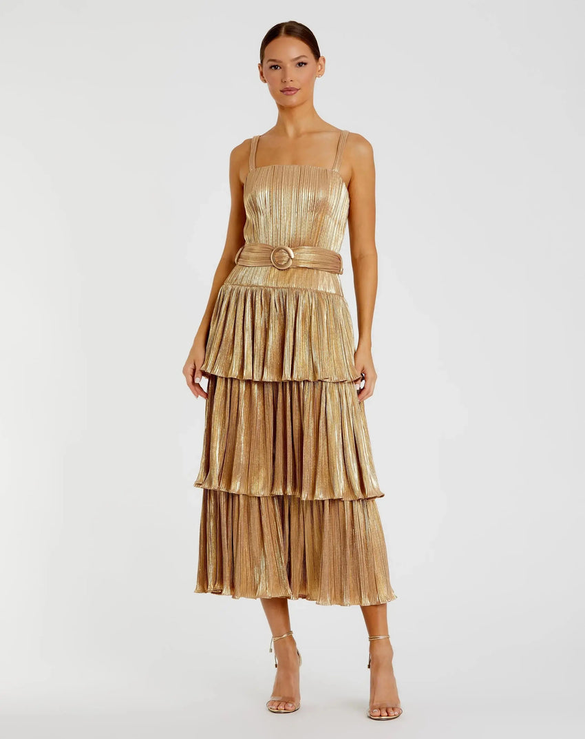 Gold Ruffle Tiered Buckle Detail Dress - FINAL SALE