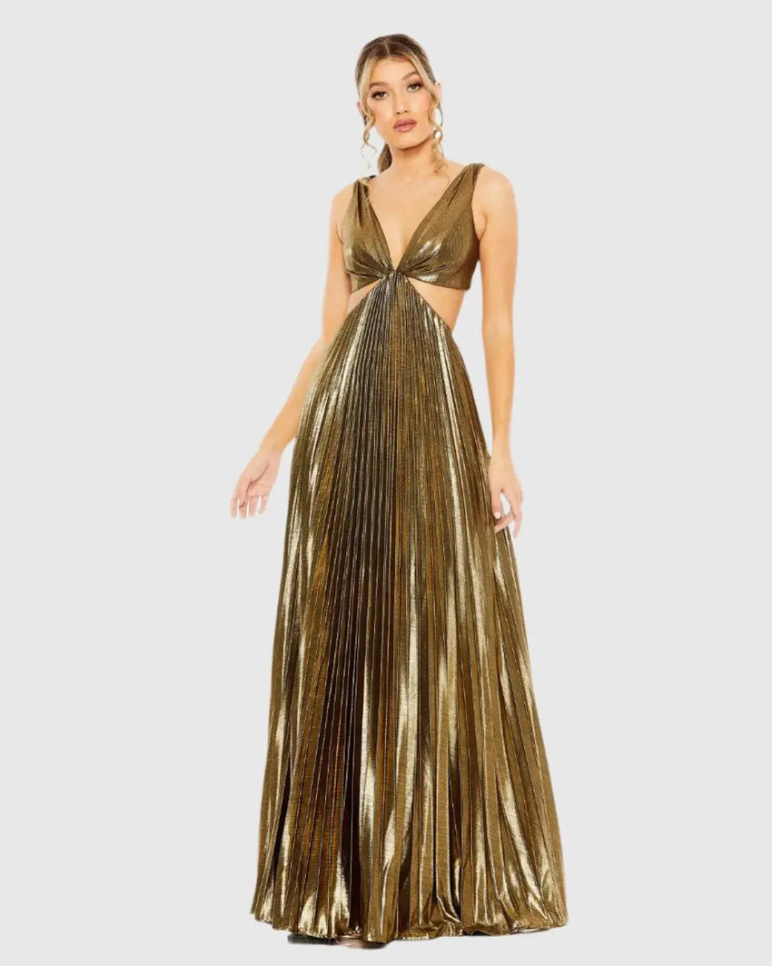 Gold Pleated Metallic Cutout Gown