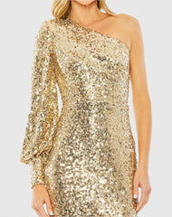 Gold One Sleeve Sequin Mini Dress