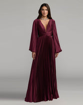 Wine Purple Pleated Satin Long Sleeve Gown