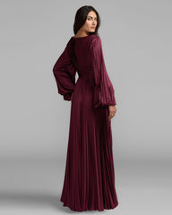 Wine Purple Pleated Satin Long Sleeve Gown