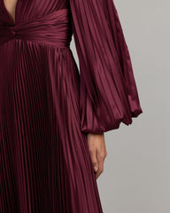 Wine Purple Pleated Satin Long Sleeve Gown