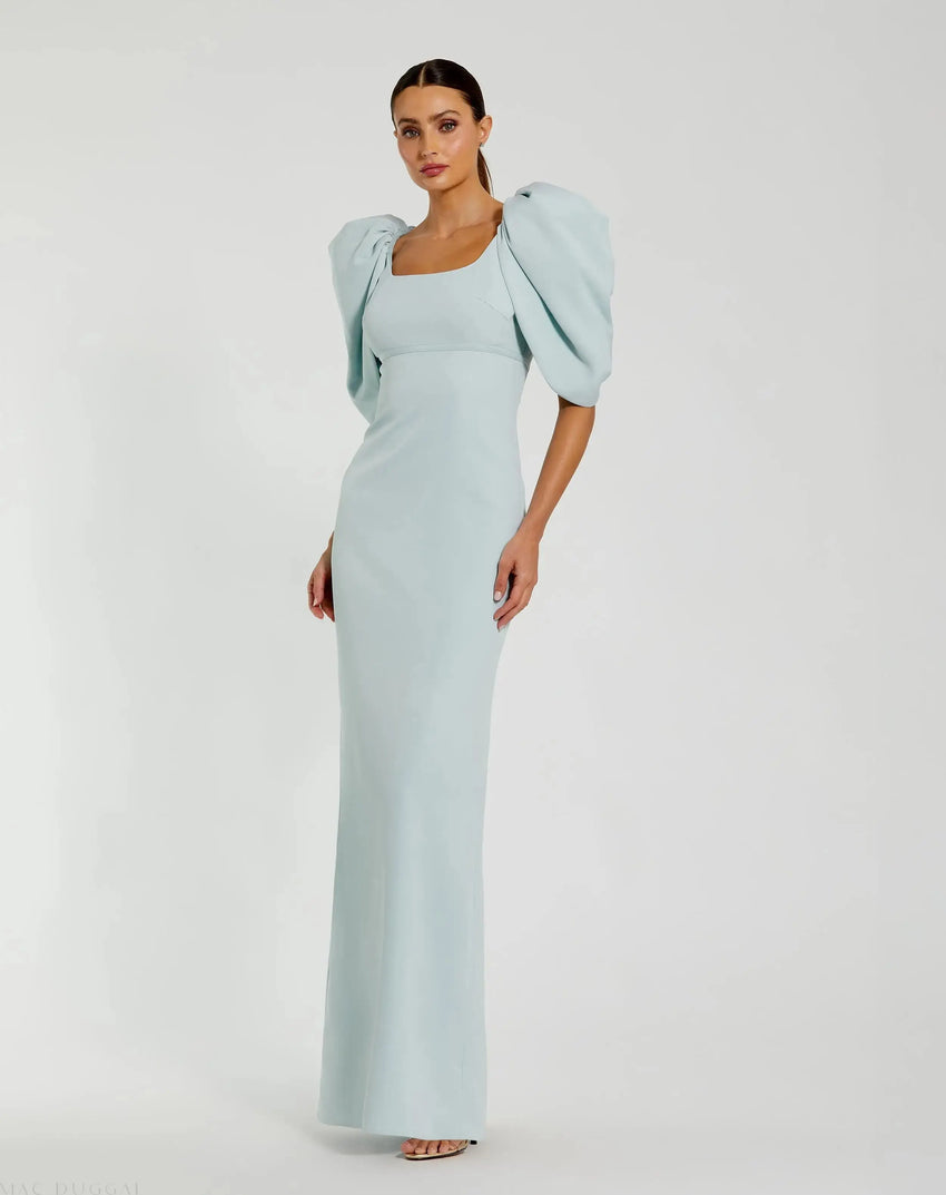 Blue Fitted Crepe Square Neck Gown With Puff Sleeves