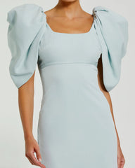 Blue Fitted Crepe Square Neck Gown With Puff Sleeves