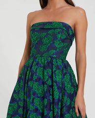 Blue and Green Brocade Strapless A Line Midi Dress