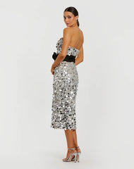 Silver Strapless Paillette Sequin Midi Dress With Bow