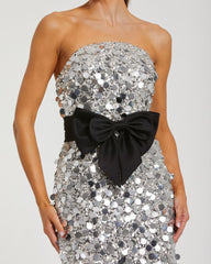 Silver Strapless Paillette Sequin Midi Dress With Bow